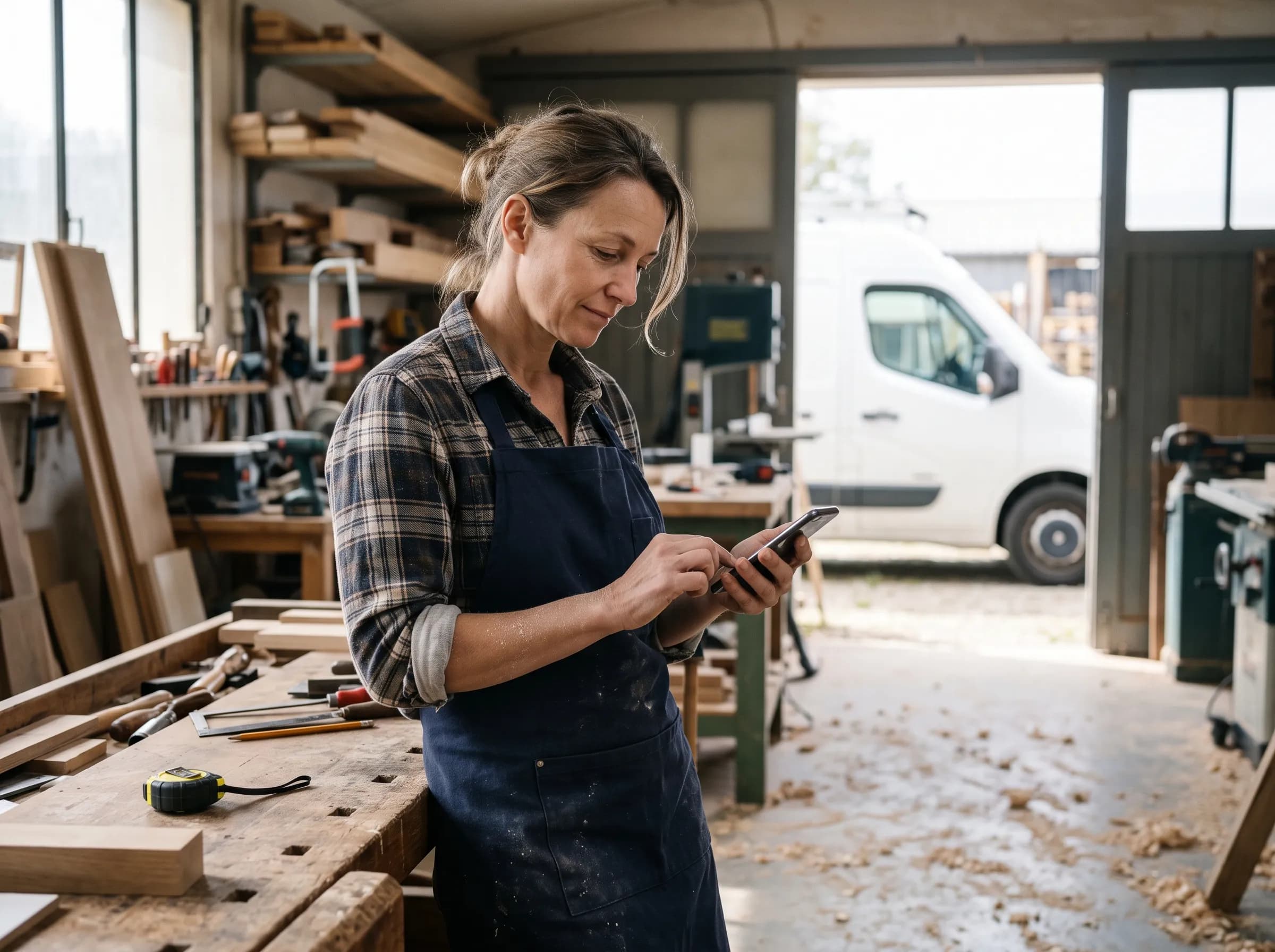 Gérante d’une menuiserie remplissant une demande sur son téléphone dans son atelier