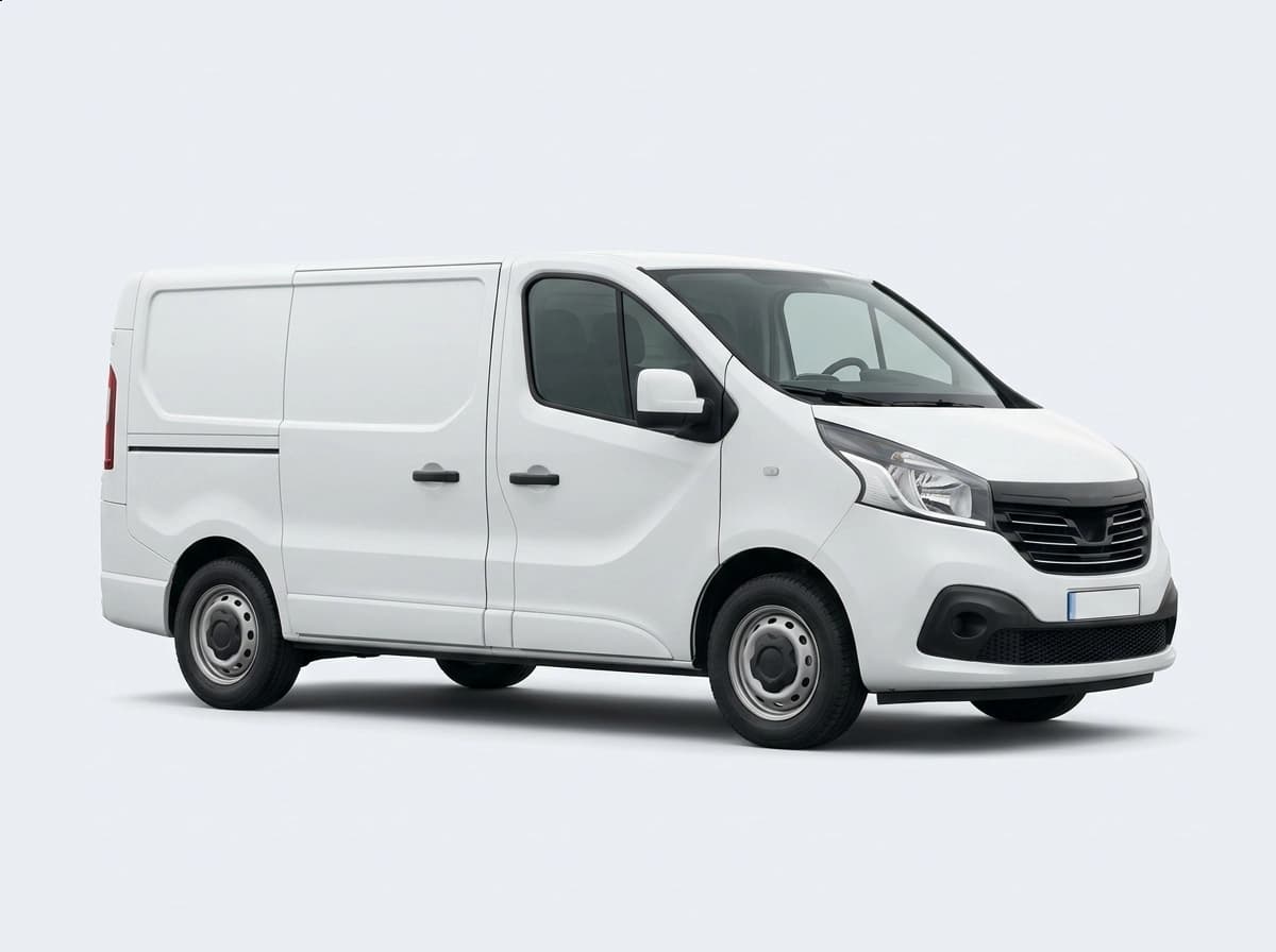 Renault Trafic Fourgon blanc, vue trois-quarts avant